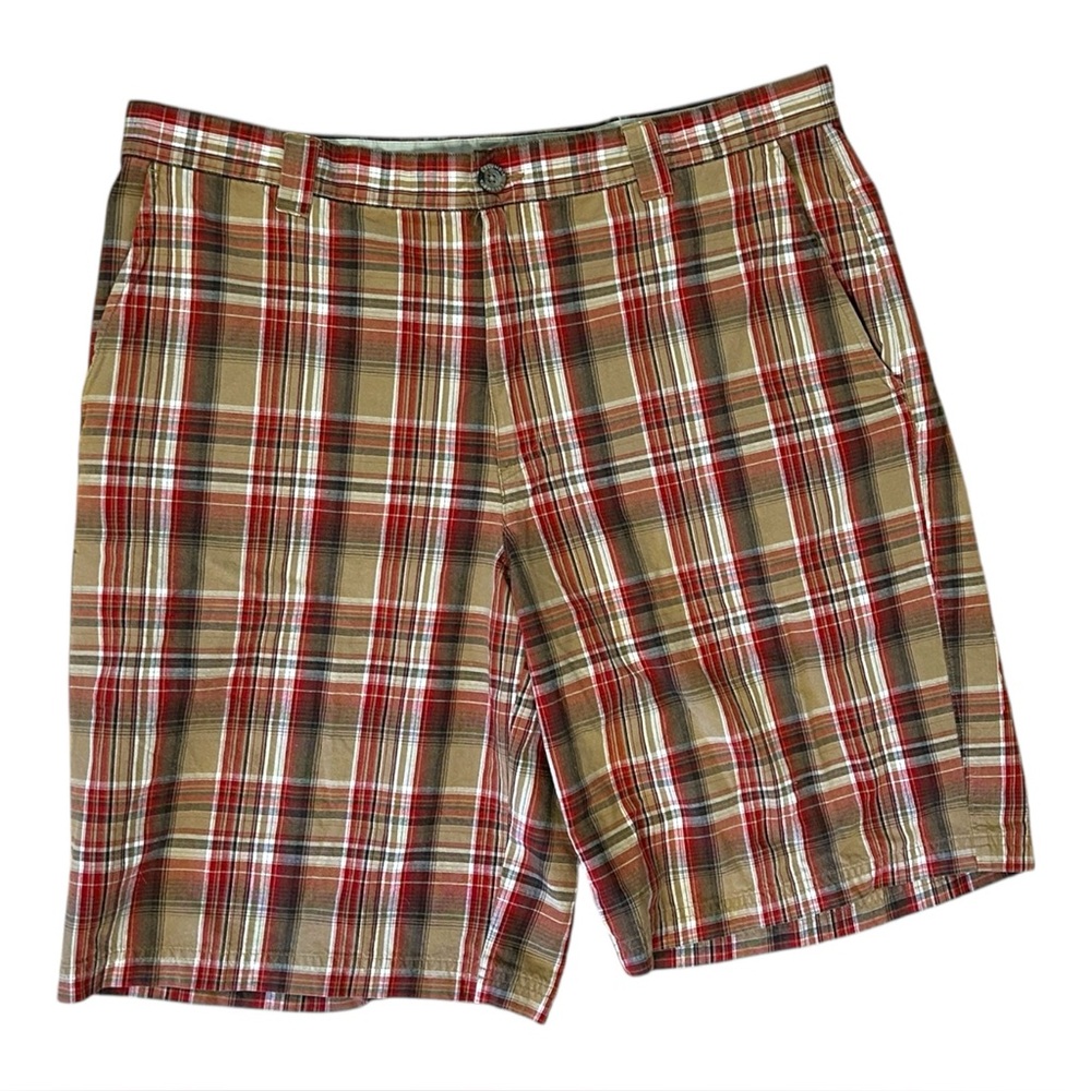 Columbia Men's Size 38 Plaid Shorts 100% Cotton Pockets Brown Red Flat Front